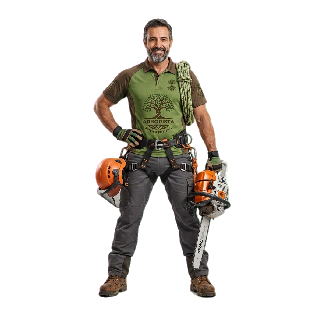 Tree care operator standing with arborist gear