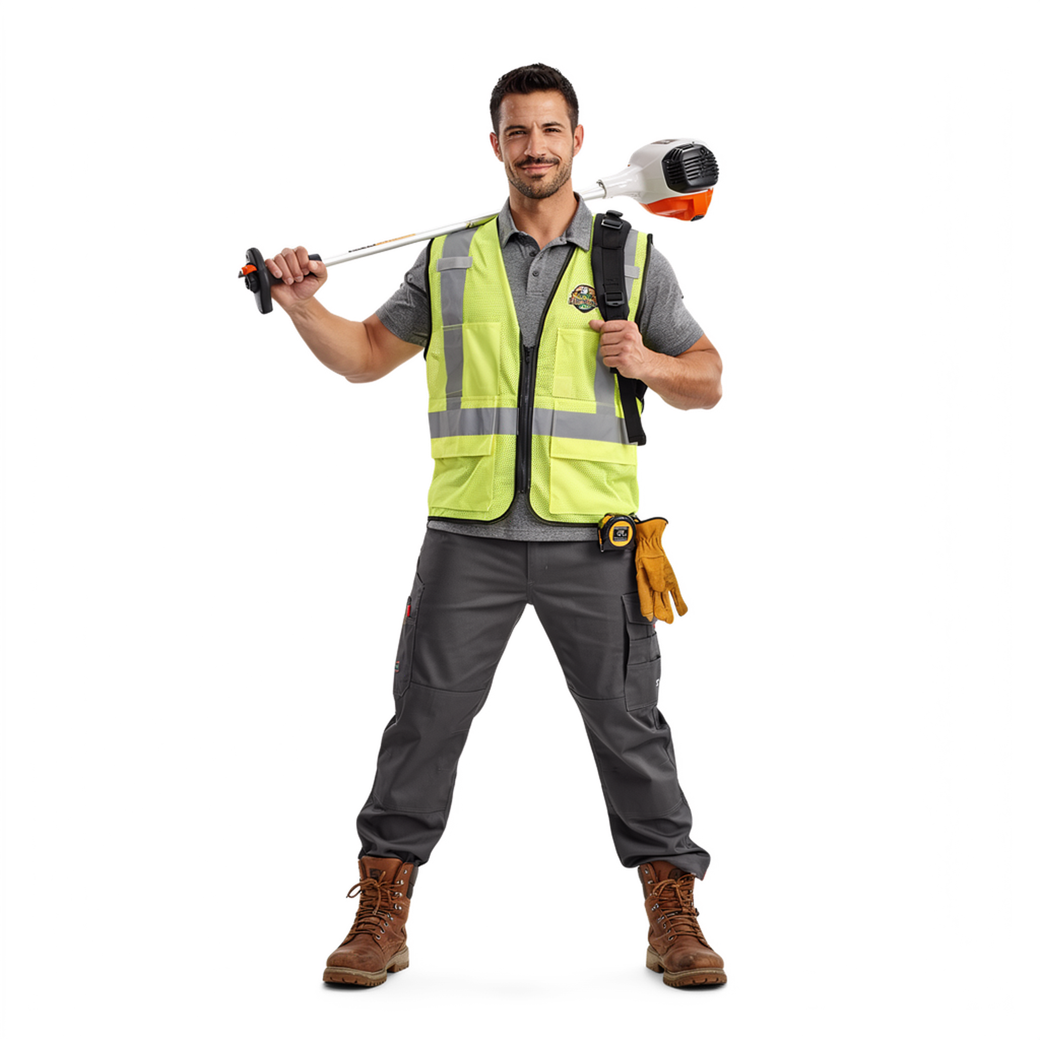 Landscaping operator standing with equipment
